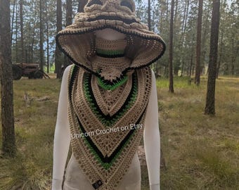 Custom order Burlap chap *with green*  oleander hood cozy warm hooded scarf