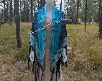 CUSTOM ORDER Blues and Greys ombre Fringe Shawl super soft cozy and flowy shawl