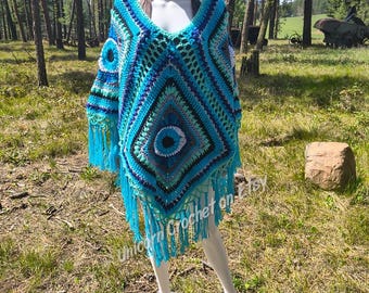 KLAAR VOOR VERZENDING Gehaakte Boze Oog Poncho Boho Fringe Sjaal Festival Top Handgemaakte Teal Blue Witchy Wrap Hippie Festival Outfit