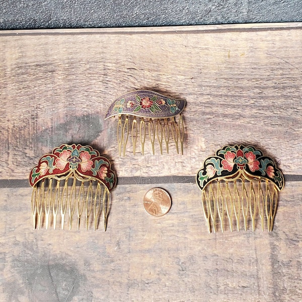 Vintage Cloisonné Hair Combs/ Brass and Enamel/ Vintage Hair Accessories/ Bridal Hair/ Something Blue/ Hair Comb/ Wedding Hair Accessories