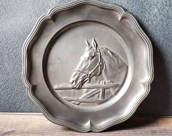 French Vintage Pewter Horse Wall Plate/ Angel Pewter Mark/ Pewter Horse Plate/ Farmhouse Decor/ Horse Wall Hanging/ Equestrian/ Horse Decor