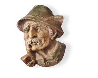 Carved Face of Man smoking a pipe/ Sea Captain/ Wood Resin Bust/ German Folk Art/ Old Man smoking/ wood bust/ Wall hanging/ pipe lover