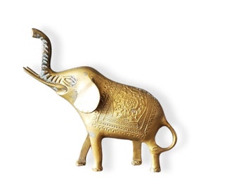 Vintage Brass Elephant with trunk up/ Antique Brass Elephant/ Happy Brass Elephant/ Vintage Brass Decor/ Elephant Statue/ Etched/ Indian