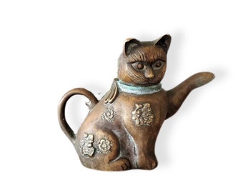 Bronze Cat/ Cat decor/ Bronze Chinese Cat Teapot/ Cat Statue/ Asian Cat Teapot/ Brass Teapot/ tea pot/ Cat gift/ Brass Tea Kettle/ Lucky Cat