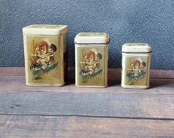 Set of three Antique AdvertisingTins/ WM Harvesting Machinery USA Tins/ Nesting Tins/ 1966/ Canister with Hinged Lid/ Victorian/ Tin Set