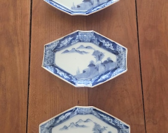 Set of 3 Blue and White Hand Painted Japanese Plates in octagon shape