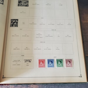 A page from a stamp collecting book showing stamps from New Guinea from 1928 to 1937. The stamps feature various colors and designs, including a portrait of King George V.