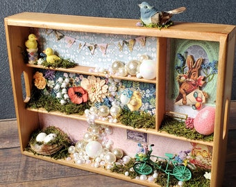 Shadow Box/ Easter Decor/ Spring Decor/ Easter Diorama/ Easter Bunny/ Bike with Flowers/ Handmade/ Shadowbox/ Assemblage Art/ Easter Box