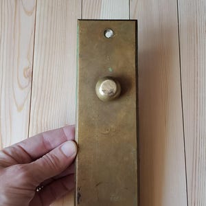 May include: A brass door knob with a round, wooden handle. The knob is mounted on a rectangular brass plate.