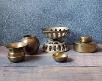 Brass Lot/ Instant Brass Collection/ Mismatched set/ Brass Bowl/ Brass Bowl/ Brass Plant Stand/ Brass Decor/ Brass Containers/ Bud Vases