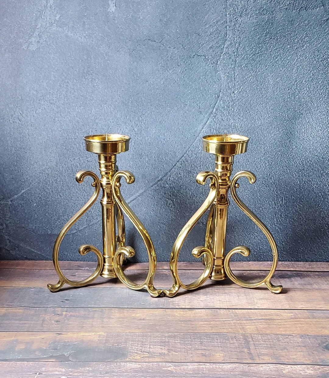 Large Brass Pillar Candle Holder/ Heavy Brass Candle Holders/ Pair of