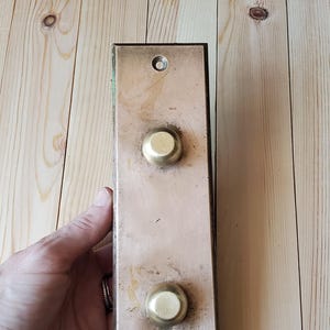 May include: A rectangular, aged brass door push plate with two round brass buttons. The plate has a patinaed finish and is mounted on a light wood surface. The item is held by a hand.