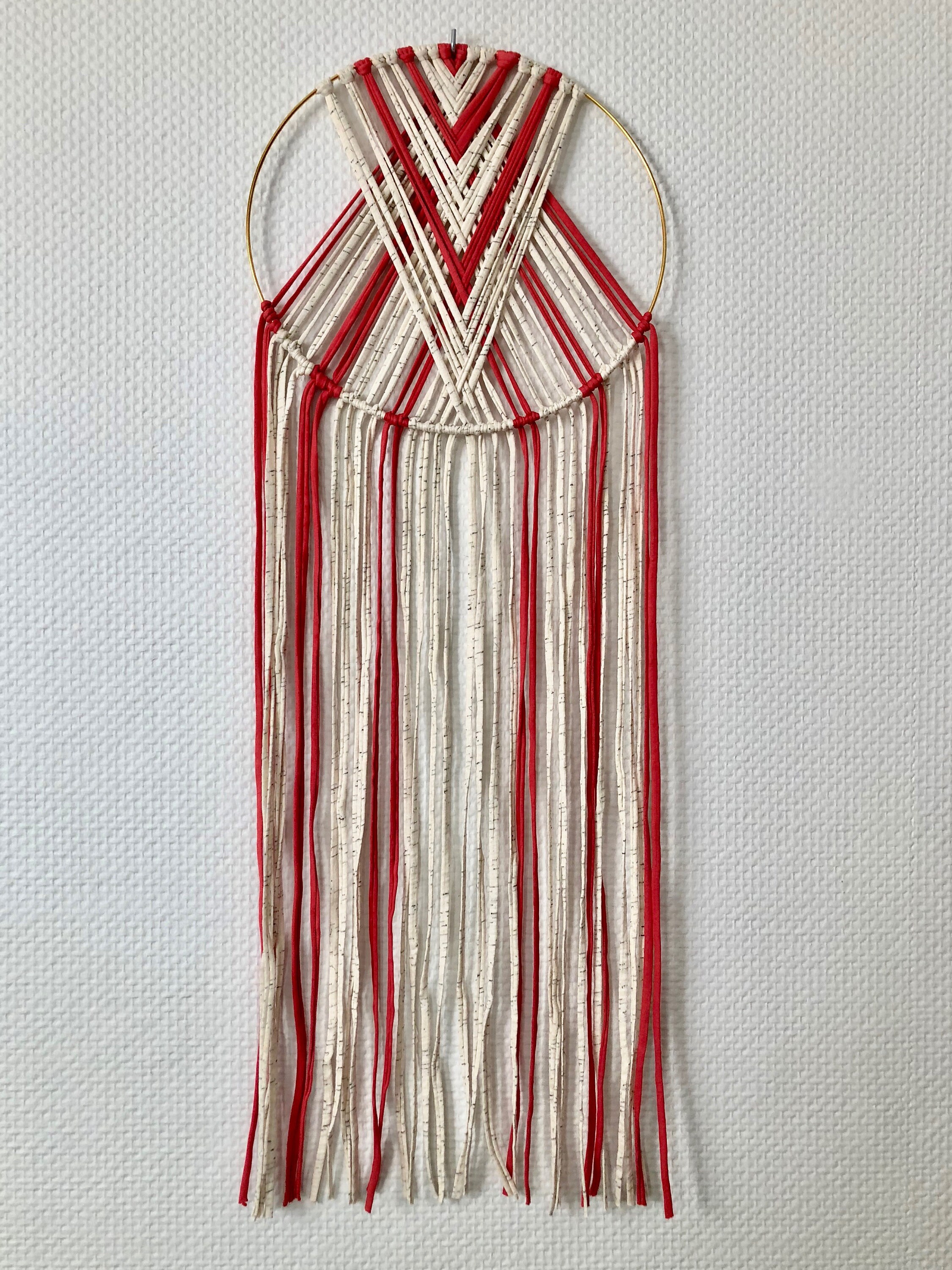 Attrape-Rêves Bohème, Suspension Murale, Écru et Corail, Tissage en Fil de Coton Recyclé, Couleurs A