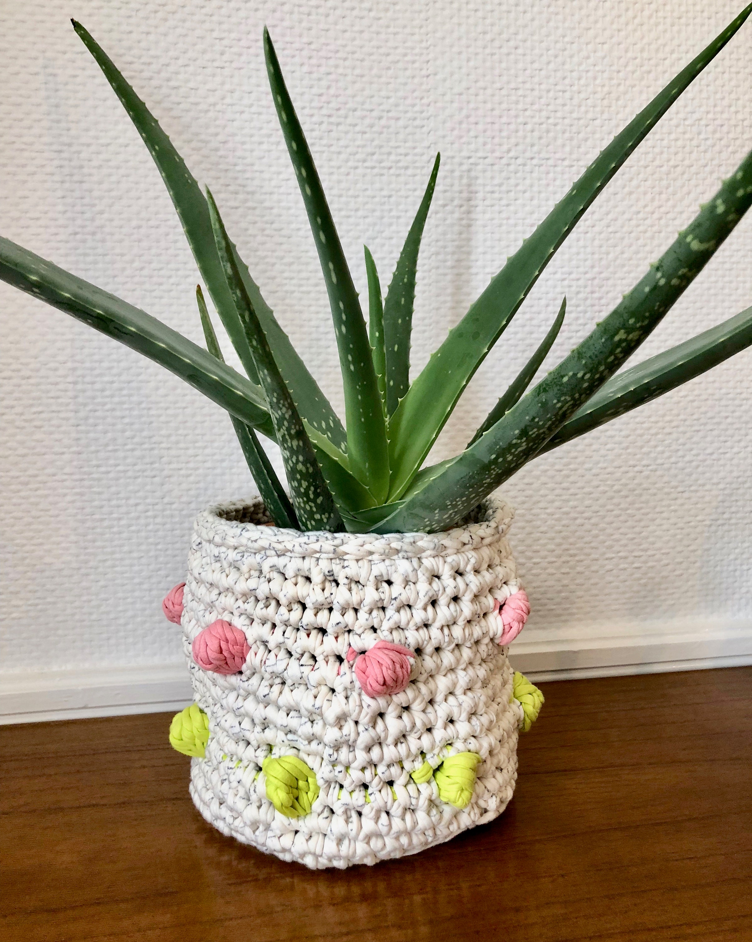 Panier Cache-Pot Bohème à Pompons, Au Crochet, en Fil de Coton Recyclé, Rose, Anis, Écru, 20 cm, Cou