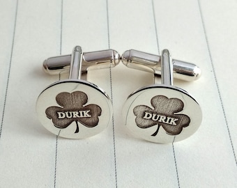 Shamrock Name And Date Cufflinks,Wedding Cufflinks,Personalized Lucky Day Cufflinks,Groom Cufflinks,Engraved Cufflinks,Groom Gift from Bride