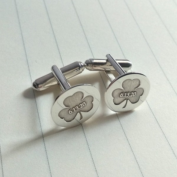 Lucky Day Cufflinks,Shamrock Name And Date Cufflinks,Personalized Wedding Cufflinks,Groom Cufflinks,Engraved Cufflinks,Groom Gift from Bride