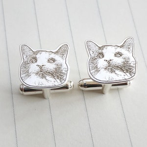 Silver Cat Cufflinks,Pet Cat Cufflinks,Custom Pet Cufflinks,Personalized Dog Cufflinks,Pet Portrait Cufflinks,Custom Pet Photo Cufflinks