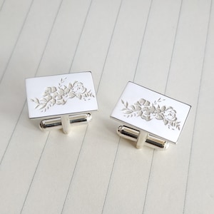 Flower Cufflinks,Rectangle Cufflinks,Personalized Wedding Cufflinks,Custom Cufflinks,Custom Rectangle Cufflinks,Engraved Rectangle Cufflinks