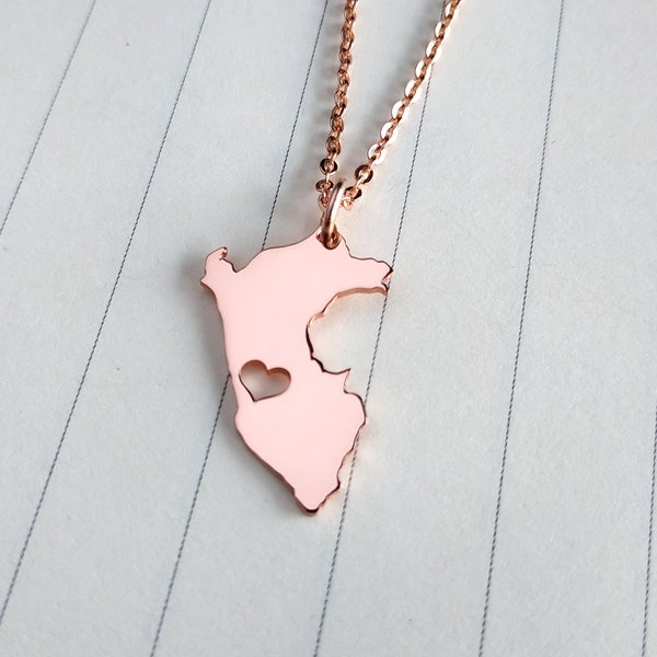 Custom Peru Necklace,Peru Map Necklace,Rose Gold Peru Charm Necklace,Peru Country Necklace,Peru Charm Gift,Peru Shaped Necklace With A Heart