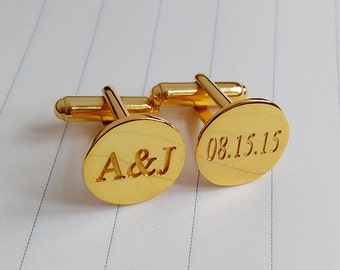 Personalized Cufflinks,Father of the Bride Cufflinks,Wedding Date CuffLinks,Engrave Wedding Date And Initial Cufflinks,Gold Initial Cufflink
