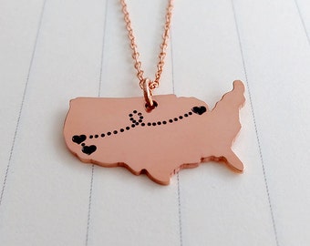 American Shaped Necklace,Best Friends Necklace,USA Map Necklace,State Charm Necklace,Two Heart Handmade Necklace,Custom Silver Jewelry