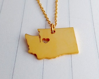 Washington State Charm Necklace,Gold Washington State Necklace,WA State Necklace,State Shaped Necklace  With A Heart