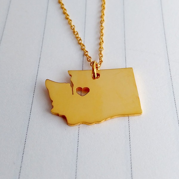 Washington State Charm Necklace,Gold Washington State Necklace,WA State Necklace,State Shaped Necklace  With A Heart