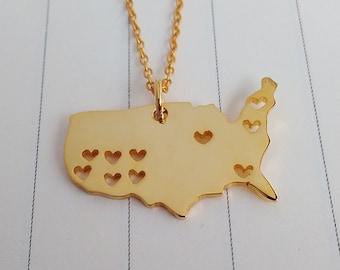 Gold Travel Necklace,US Map Necklace,America Charm Necklace,Adventure Necklace,World Necklace,Travel Gifts,Custom USA Necklace With A Heart