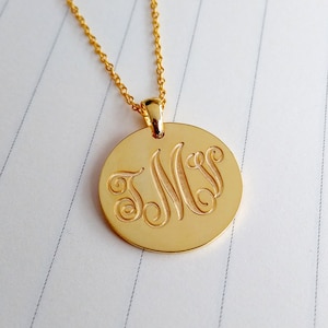 Gold Monogram Necklace,Engraved Disc Pendant,Tiny Disc Necklace,0.75&quot; Initial Disc Necklace,Personalize Gold Monogram Necklace