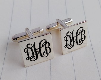 Square Cufflinks,Personalized Wedding Cufflinks,Groom Cufflinks,Three Initials Monogram Cufflinks,Engraved Cufflinks,Groom Gift from Bride