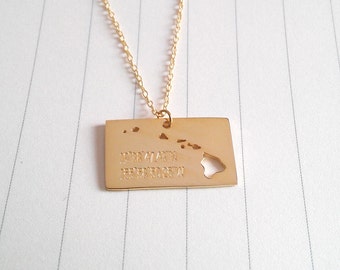 Gold Hawaii State Necklace,HI State Necklace,Hawaii State Charm Necklace,Engrave Hawaii State Necklace With Home Coordinates,