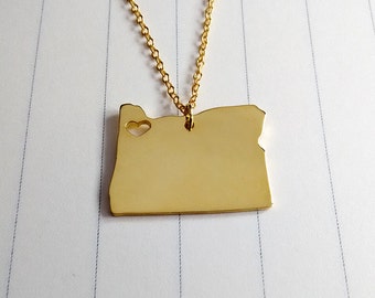 Oregon State charme ketting, OF staat ketting, gouden Oregon State ketting, staat gevormde ketting met een hart