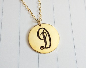 Engraved Disc Pendant,Tiny Disc Necklace,Gold Monogram Disc necklace,0.75" Initial Disc Necklace,Personalize Gold Monogram Necklace