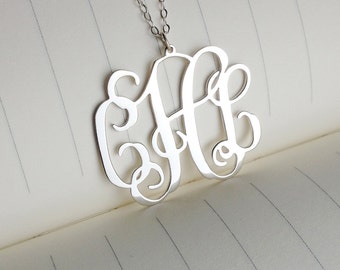 3 Initial Monogram Necklace,Large Silver Monogram Necklace,2" inch Personalized Monogram Necklace,Monogrammed Gifts