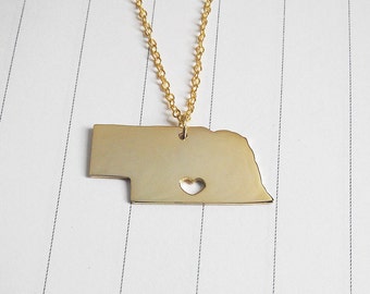 Nebraska State Charm Necklace,NE State Necklace,Silver Nebraska State Necklace,State Shaped Necklace  With A Heart