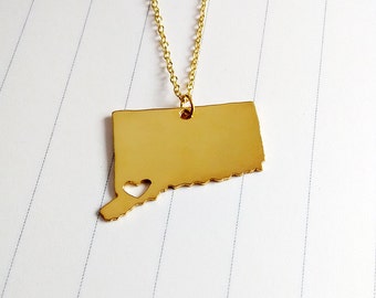 Connecticut State Charm Necklace,Gold Connecticut State Necklace,CT State Necklace,State Shaped Necklace  With A Heart