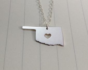 Oklahoma State Charm Necklace,Silver Oklahoma State Necklace,OK State Necklace,State Shaped Necklace  With A Heart