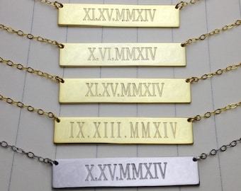 Roman Numeral Bar Necklace,Latitude Longitude Necklace,Engraved Coordinate Necklace,Horizontal Bar Jewelry,Custom Bar Necklace