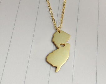 New Jersey State Charm Necklace,NJ State Necklace,Gold New Jersey State Necklace,State Shaped Necklace  With A Heart