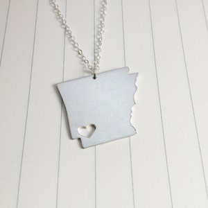 Arkansas State Charm Necklace,AR State Necklace,Silver State Necklace,State Shaped Necklace  With A Heart