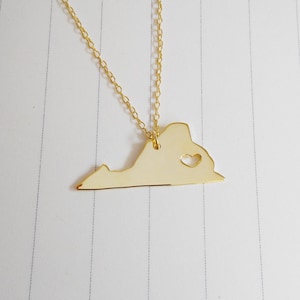 Gold Virginia State Necklace,VA State Necklace,Virginia State Charm Necklace,State Shaped Necklace  With A Heart