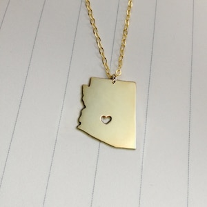 Gold Arizona State Necklace,AZ State Necklace,Arizona State Charm Necklace,State Shaped Necklace  With A Heart