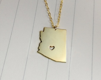 Gold Arizona State Necklace,AZ State Necklace,Arizona State Charm Necklace,State Shaped Necklace  With A Heart