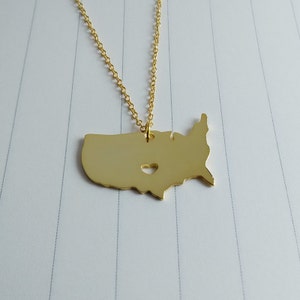 Colar com mapa dos EUA, colar dourado dos Estados Unidos, colar com pingente dos Estados Unidos, colar personalizado dos EUA com coração