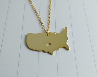 US Map Necklace,Gold United States Necklace,America Charm Necklace,Custom USA Necklace  With A Heart