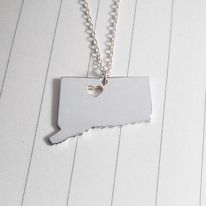 Silver Connecticut State Necklace,CT State Necklace,Connecticut State Charm Necklace,State Shaped Necklace  With A Heart