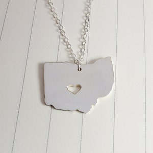 Ohio State Charm Necklace,Silver Ohio State Necklace,OH State Necklace,State Shaped Necklace  With A Heart