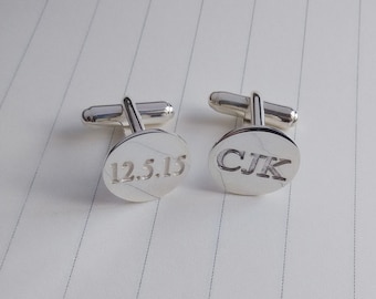 Silver Engrave Wedding Cufflinks,Date CuffLinks,Personalized Monogram Cufflinks,Fathers of the Bride Initials Groomsman Gift