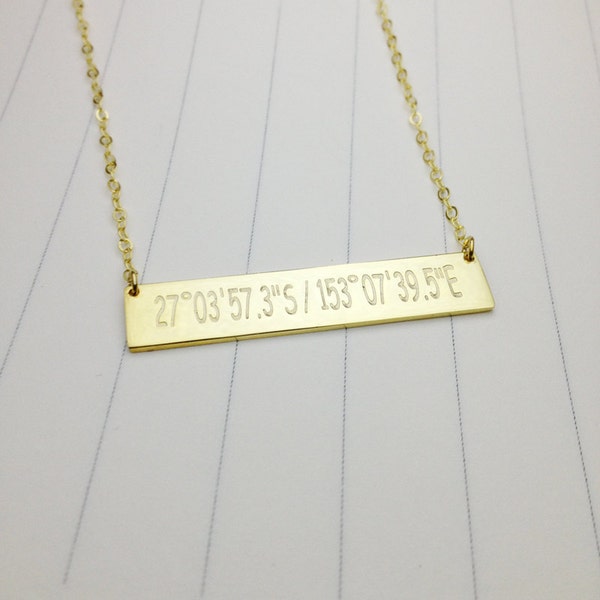 Gold Coordinate Necklace,Latitude Longitude Necklace,Roman Numeral Bar Necklace,Horizontal Bar Jewelry,Custom Bar Necklace