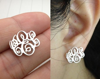 Silver Monogram Earrings,Any Initial Monogram Earrings,Monogrammed Stud Earrings in Sterling Silver for Bridesmaids, Women, Present